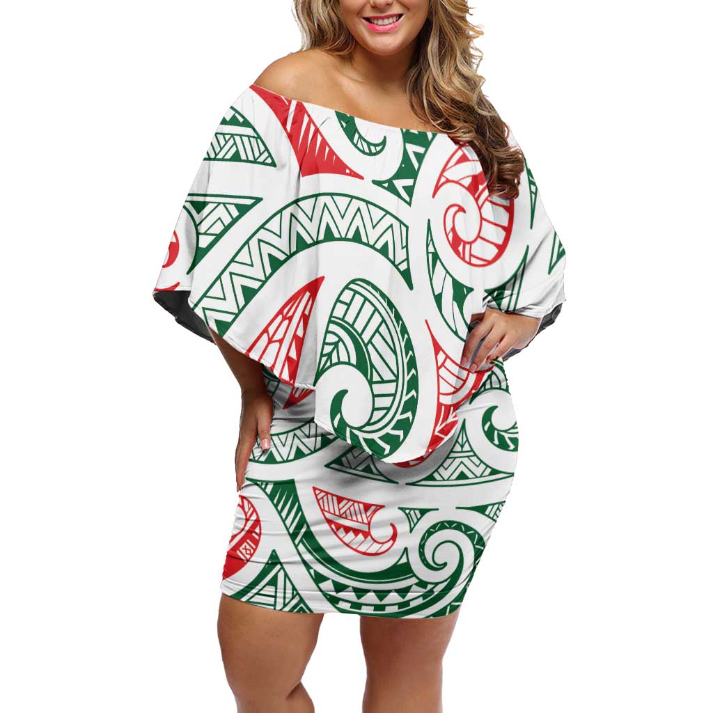 New Zealand Kowhaiwhai Christmas Off Shoulder Short Dress Traditional Maori Koru Pattern - Polynesian Pride