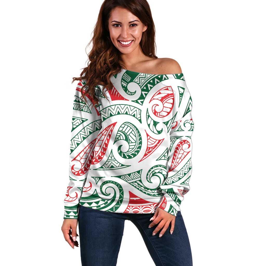 New Zealand Kowhaiwhai Christmas Off Shoulder Sweater Traditional Maori Koru Pattern - Polynesian Pride