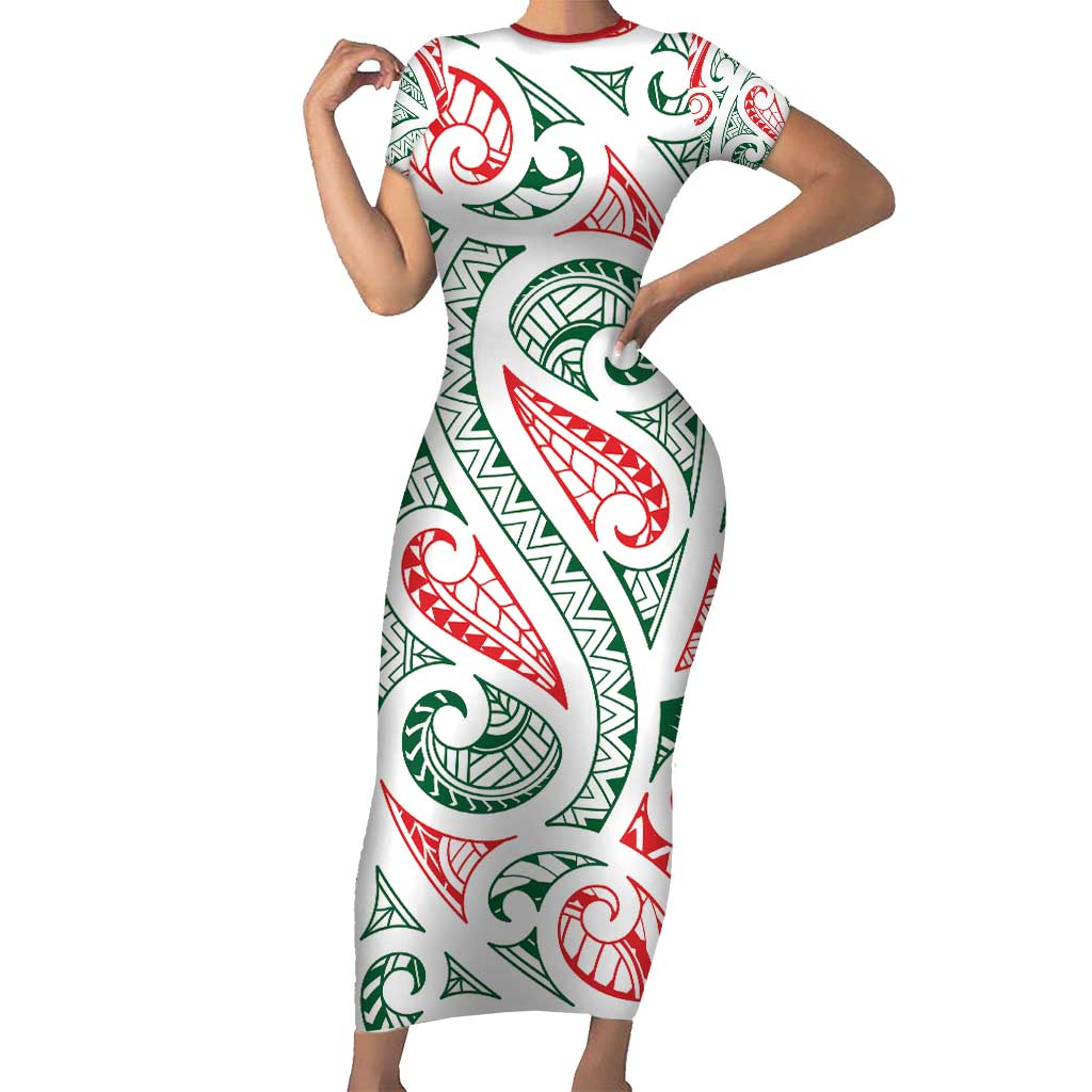 New Zealand Kowhaiwhai Christmas Short Sleeve Bodycon Dress Traditional Maori Koru Pattern LT9 Long Dress White - Polynesian Pride