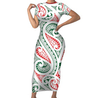 New Zealand Kowhaiwhai Christmas Short Sleeve Bodycon Dress Traditional Maori Koru Pattern LT9 Long Dress White - Polynesian Pride