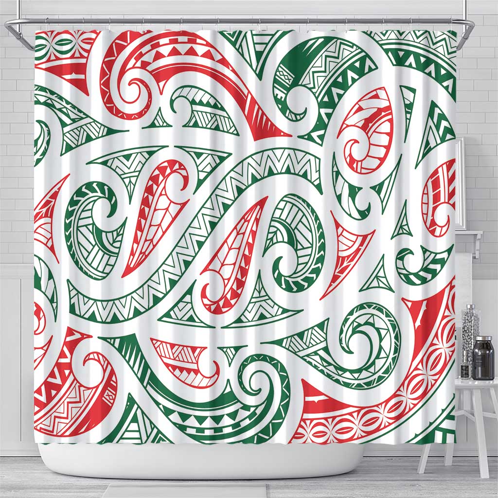 New Zealand Kowhaiwhai Christmas Shower Curtain Traditional Maori Koru Pattern - Polynesian Pride