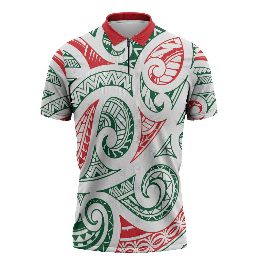 New Zealand Kowhaiwhai Christmas Zipper Polo Shirt Traditional Maori Koru Pattern - Polynesian Pride