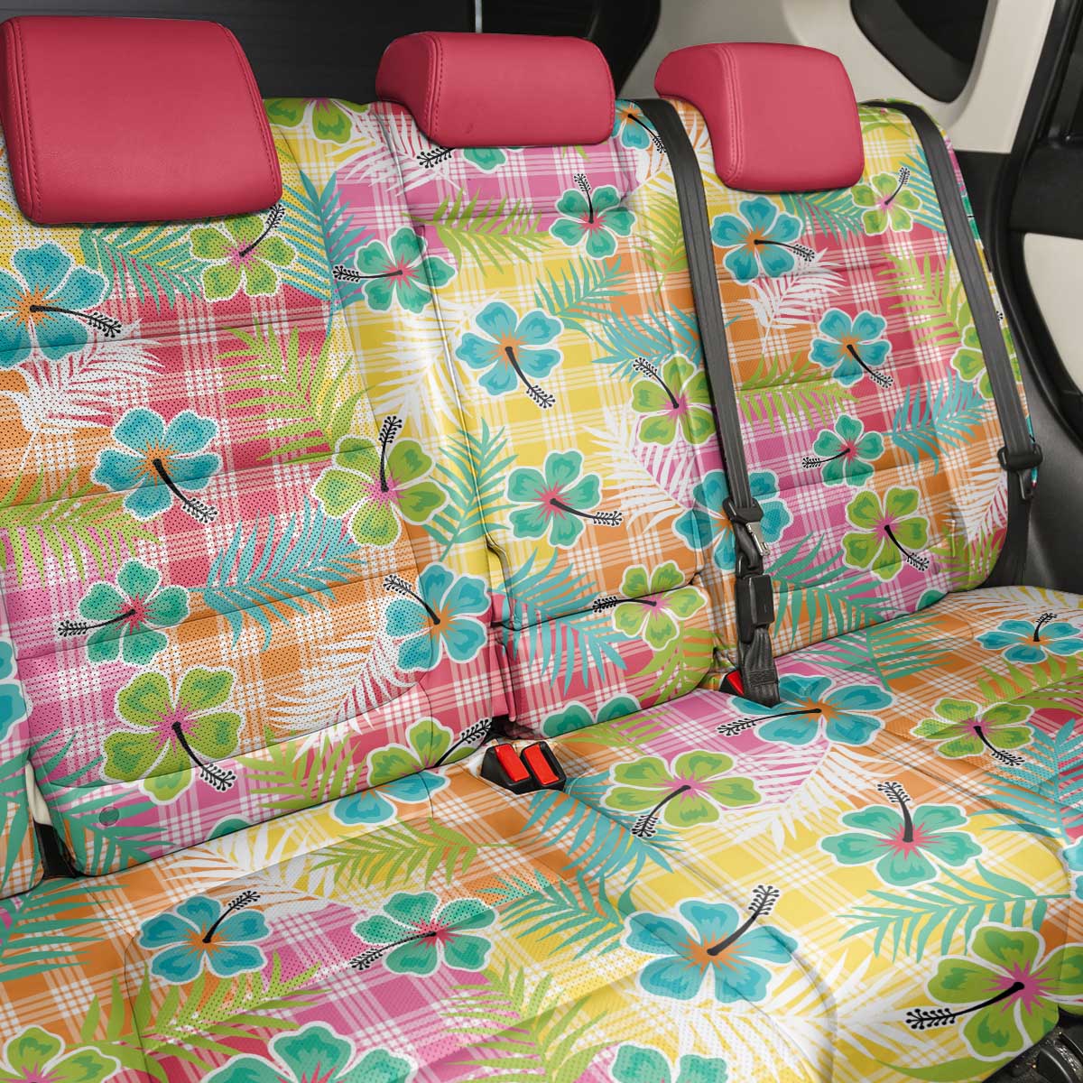 Hawaiian Palaka Back Car Seat Cover Hibiscus Palm Leaf Pattern LT9 - Polynesian Pride