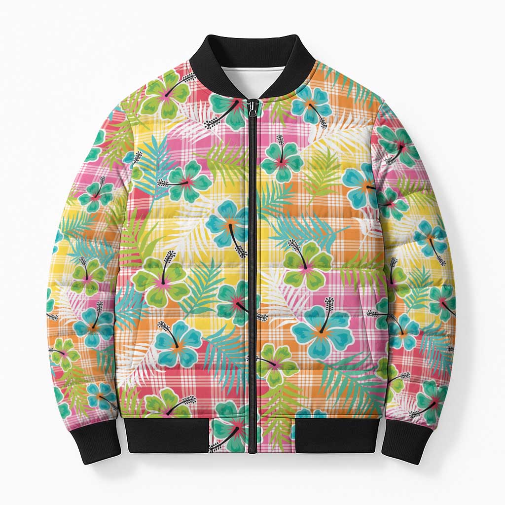 Hawaiian Palaka Bomber Puffer Jacket Hibiscus Palm Leaf Pattern LT9 Unisex Yellow - Polynesian Pride