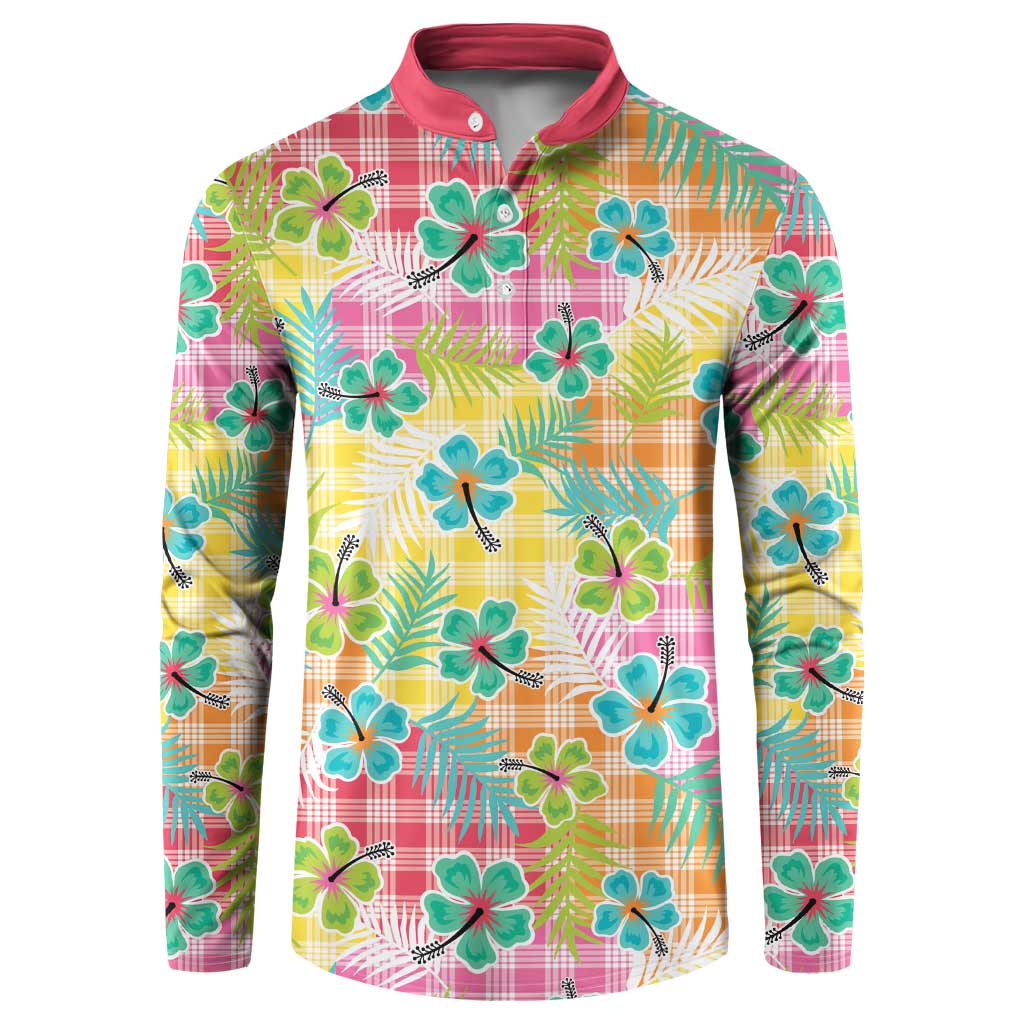 Hawaiian Palaka Button Sweatshirt Hibiscus Palm Leaf Pattern LT9 Yellow - Polynesian Pride