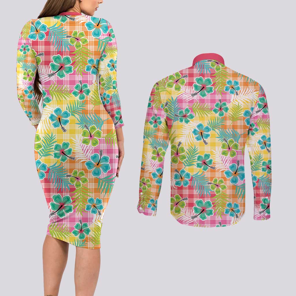 Hawaiian Palaka Couples Matching Long Sleeve Bodycon Dress and Long Sleeve Button Shirt Hibiscus Palm Leaf Pattern - Polynesian Pride