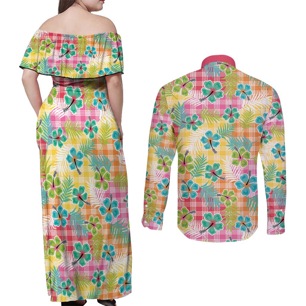 Hawaiian Palaka Couples Matching Off Shoulder Maxi Dress and Long Sleeve Button Shirt Hibiscus Palm Leaf Pattern - Polynesian Pride