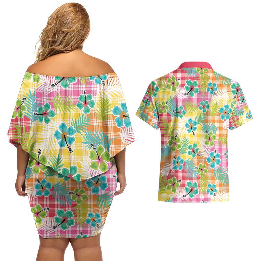Hawaiian Palaka Couples Matching Off Shoulder Short Dress and Hawaiian Shirt Hibiscus Palm Leaf Pattern - Polynesian Pride