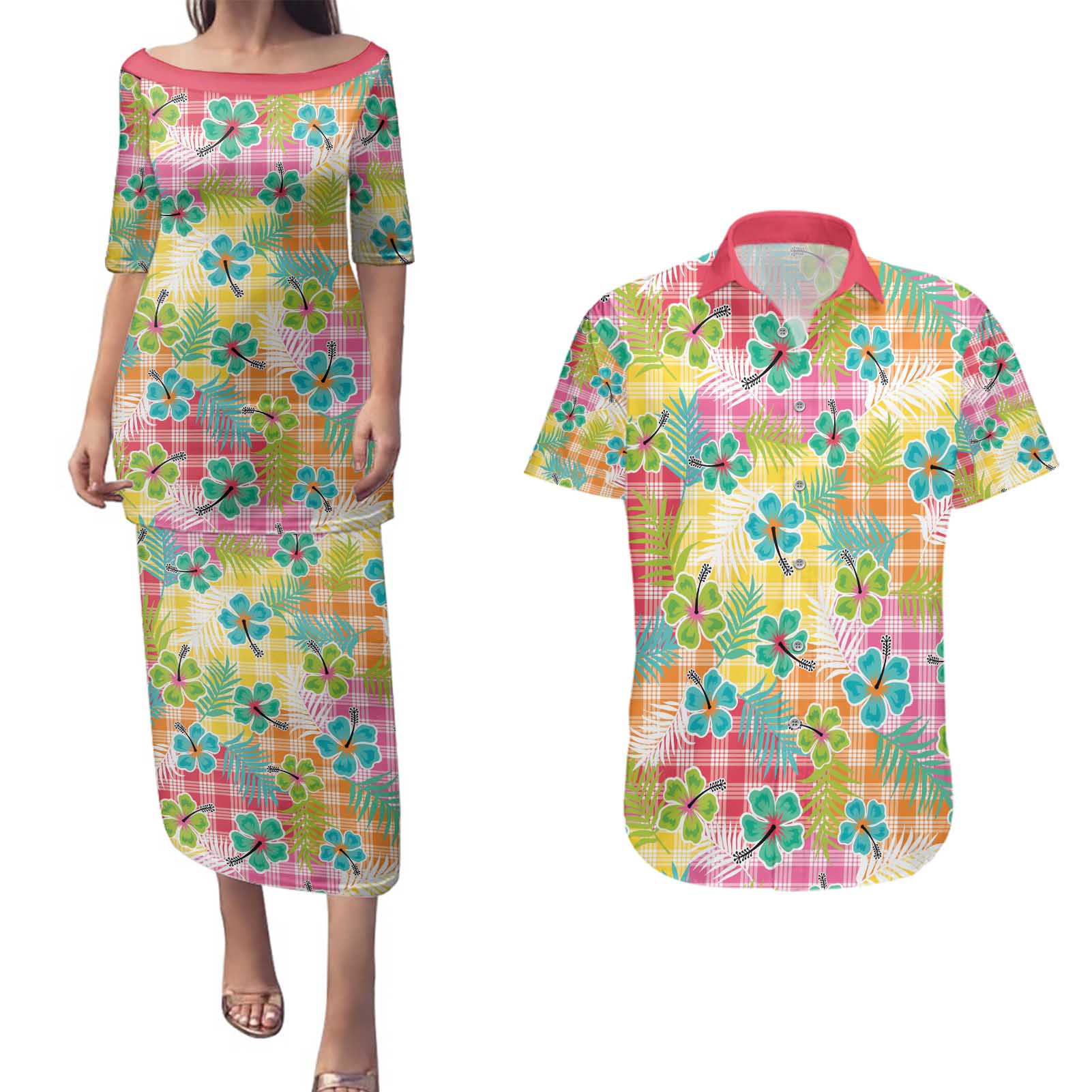 Hawaiian Palaka Couples Matching Puletasi and Hawaiian Shirt Hibiscus Palm Leaf Pattern - Polynesian Pride