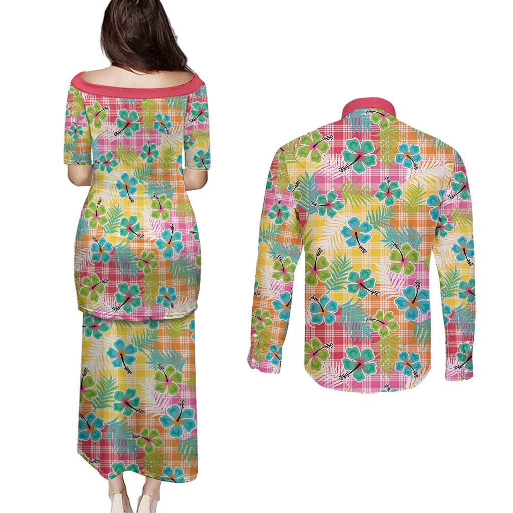 Hawaiian Palaka Couples Matching Puletasi and Long Sleeve Button Shirt Hibiscus Palm Leaf Pattern - Polynesian Pride