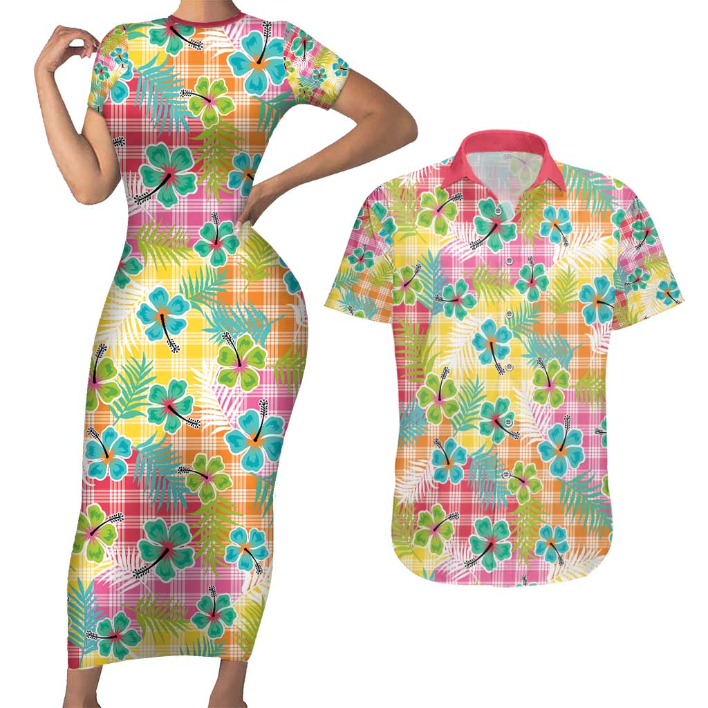 Hawaiian Palaka Couples Matching Short Sleeve Bodycon Dress and Hawaiian Shirt Hibiscus Palm Leaf Pattern - Polynesian Pride