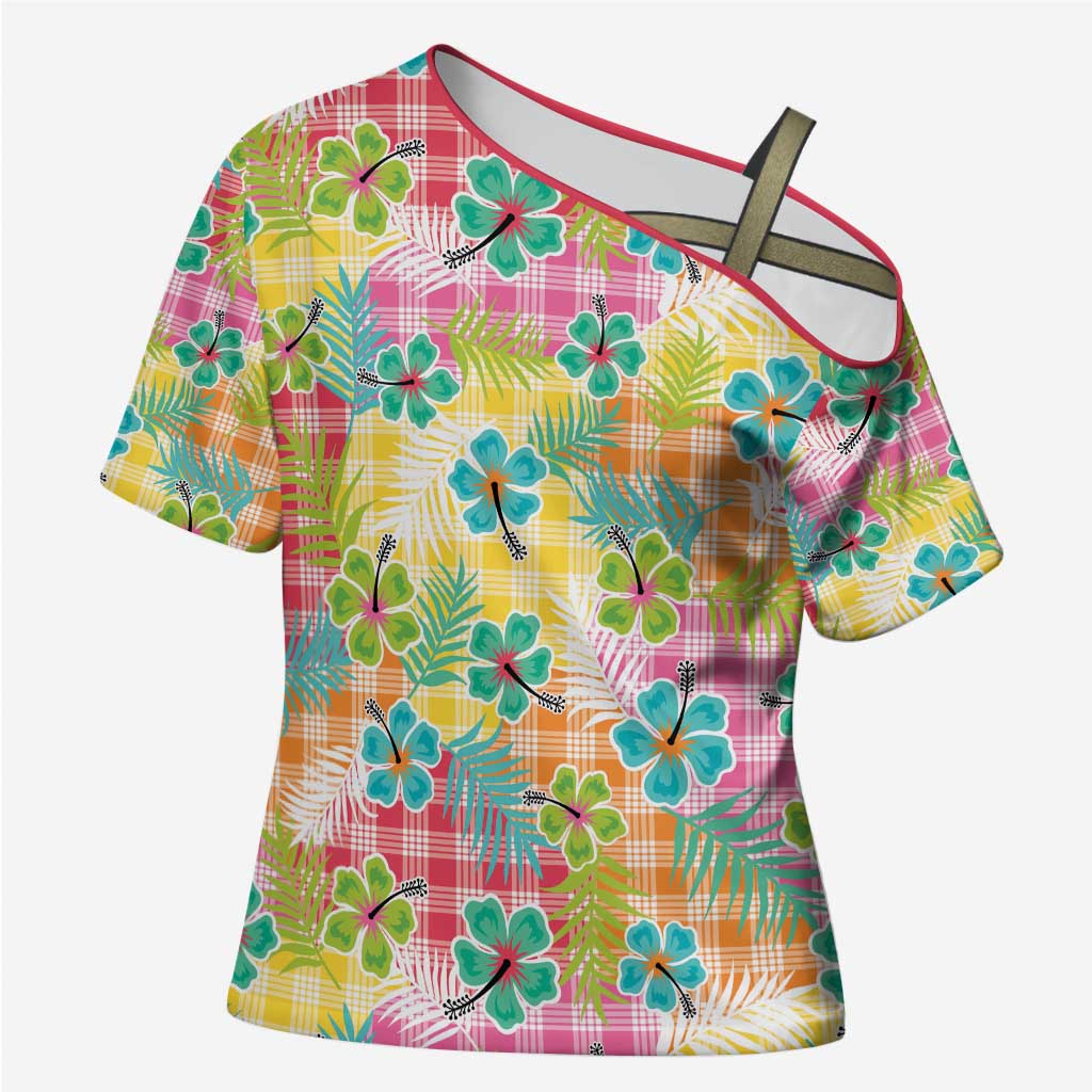 Hawaiian Palaka Cross Shoulder Shirt Hibiscus Palm Leaf Pattern LT9 Female Yellow - Polynesian Pride