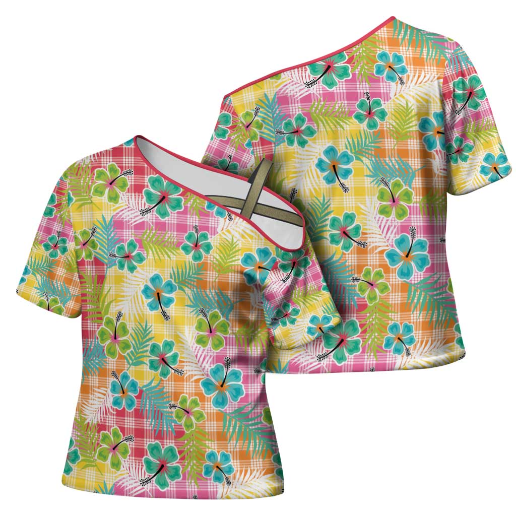 Hawaiian Palaka Cross Shoulder Shirt Hibiscus Palm Leaf Pattern LT9 - Polynesian Pride