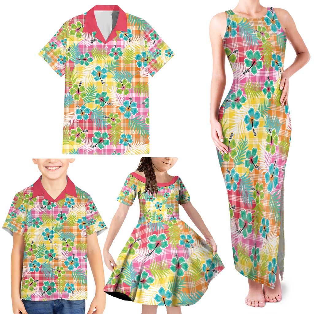 Hawaiian Palaka Family Matching Tank Maxi Dress and Hawaiian Shirt Hibiscus Palm Leaf Pattern - Polynesian Pride