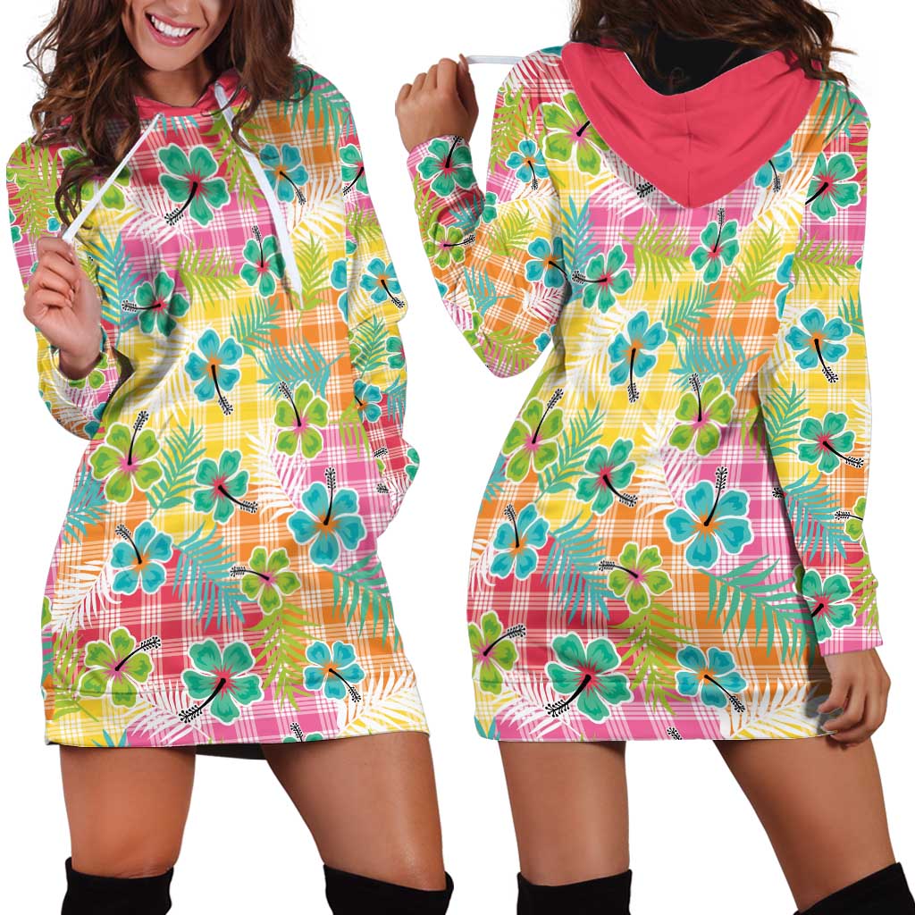 Hawaiian Palaka Hoodie Dress Hibiscus Palm Leaf Pattern - Polynesian Pride