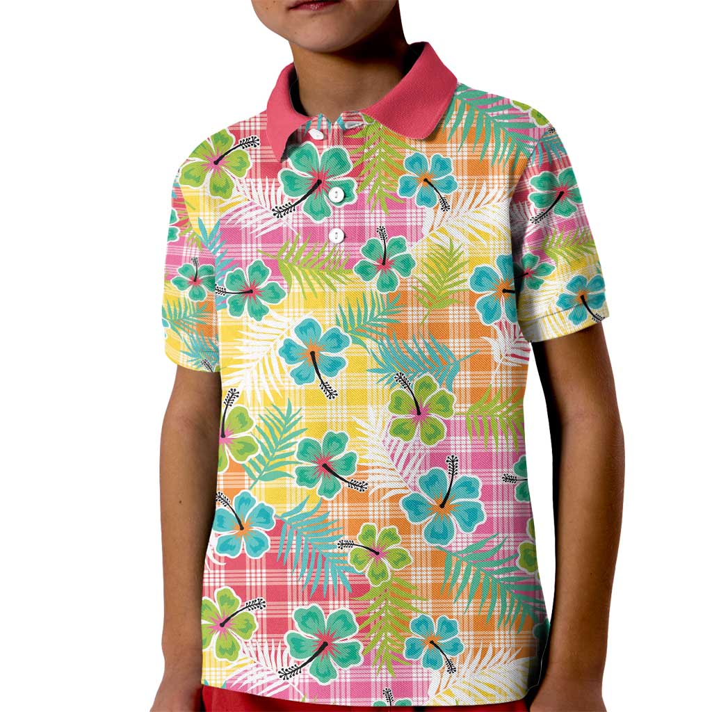 Hawaiian Palaka Kid Polo Shirt Hibiscus Palm Leaf Pattern - Polynesian Pride