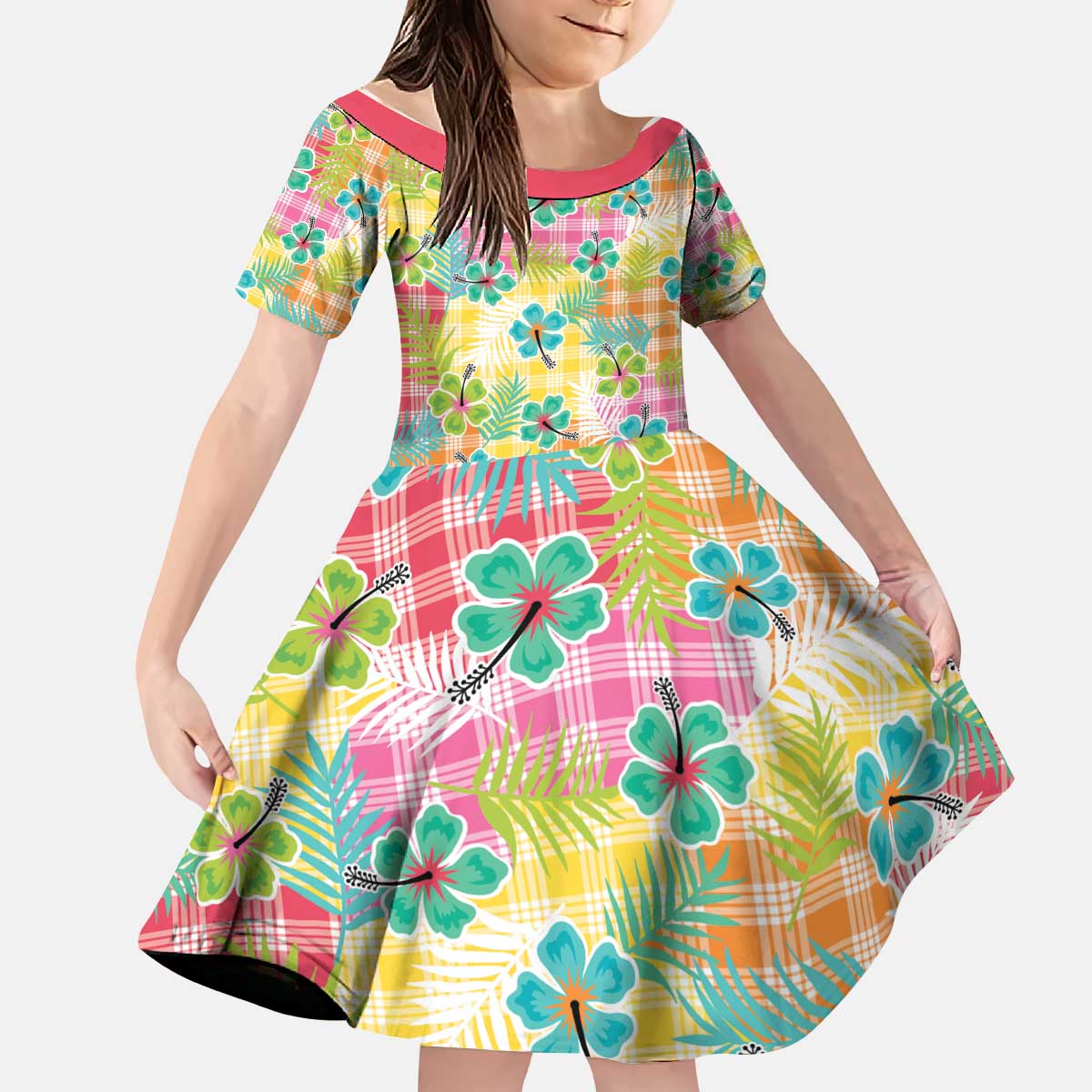Hawaiian Palaka Kid Short Sleeve Dress Hibiscus Palm Leaf Pattern - Polynesian Pride