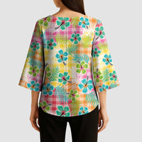 Hawaiian Palaka Kimono Sleeve Blouse Hibiscus Palm Leaf Pattern - Polynesian Pride