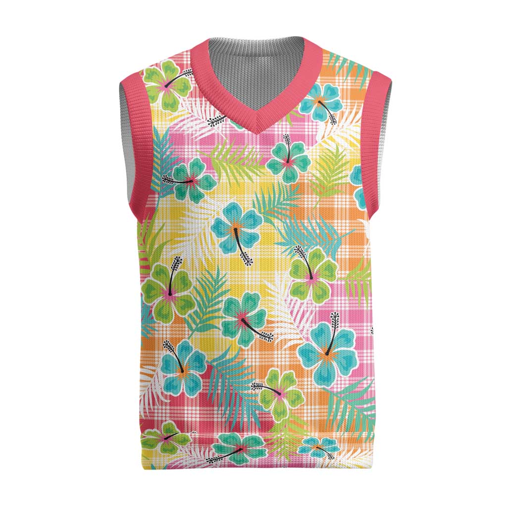 Hawaiian Palaka Christmas Knitted V-Neck Vest Hibiscus Palm Leaf Pattern LT9 Yellow - Polynesian Pride