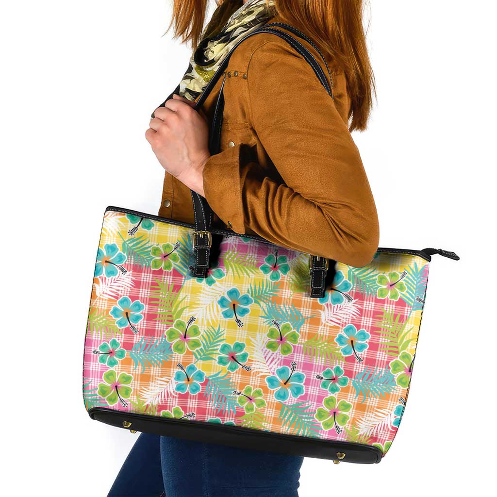 Hawaiian Palaka Leather Tote Bag Hibiscus Palm Leaf Pattern LT9 Yellow - Polynesian Pride