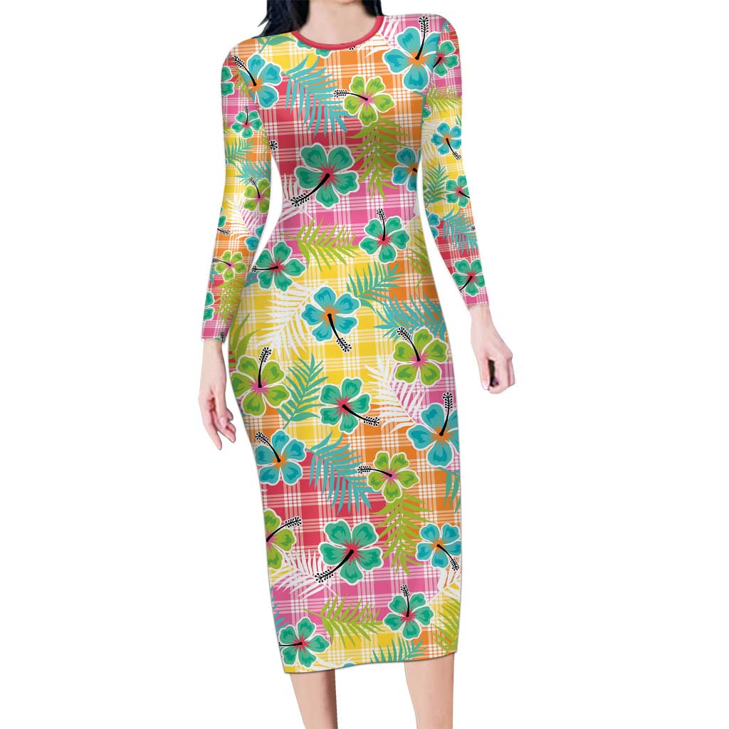 Hawaiian Palaka Long Sleeve Bodycon Dress Hibiscus Palm Leaf Pattern - Polynesian Pride