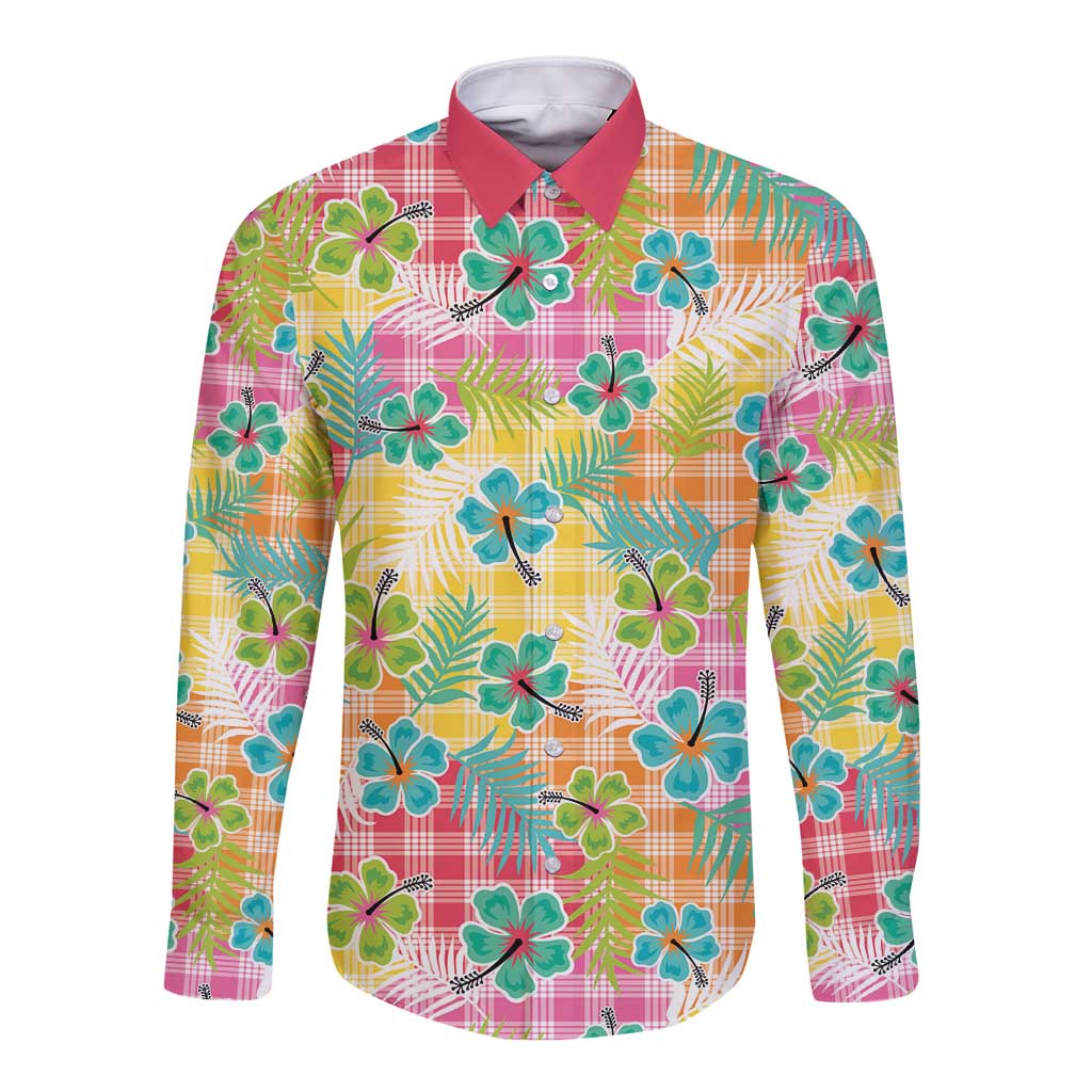 Hawaiian Palaka Long Sleeve Button Shirt Hibiscus Palm Leaf Pattern LT9 Unisex Yellow - Polynesian Pride