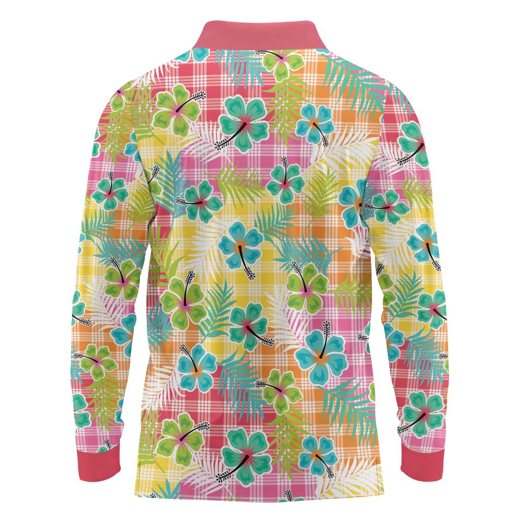 Hawaiian Palaka Long Sleeve Polo Shirt Hibiscus Palm Leaf Pattern - Polynesian Pride