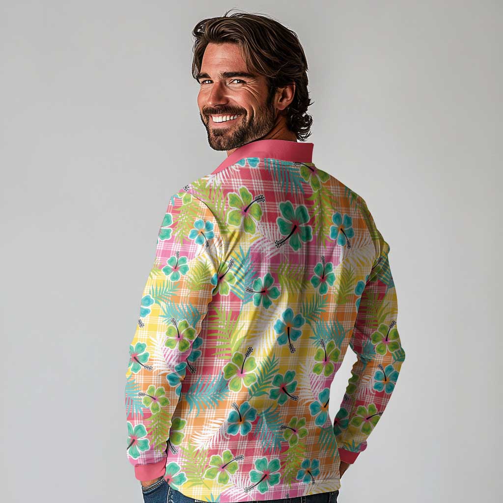 Hawaiian Palaka Long Sleeve Polo Shirt Hibiscus Palm Leaf Pattern - Polynesian Pride