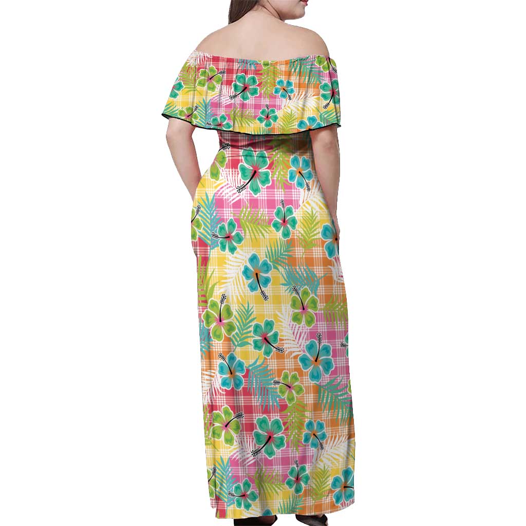 Hawaiian Palaka Off Shoulder Maxi Dress Hibiscus Palm Leaf Pattern - Polynesian Pride