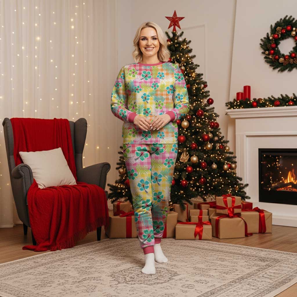 Hawaiian Palaka Christmas Pajama Set Hibiscus Palm Leaf Pattern LT9 Women Yellow - Polynesian Pride