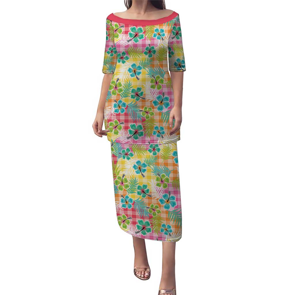 Hawaiian Palaka Puletasi Hibiscus Palm Leaf Pattern LT9 Long Dress Yellow - Polynesian Pride