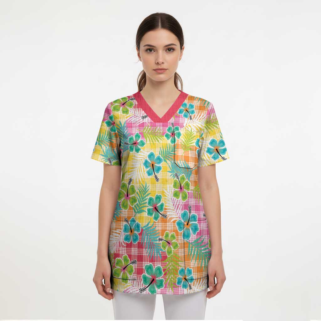 Hawaiian Palaka Scrub Top Hibiscus Palm Leaf Pattern - Polynesian Pride
