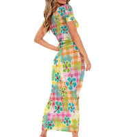 Hawaiian Palaka Short Sleeve Bodycon Dress Hibiscus Palm Leaf Pattern - Polynesian Pride