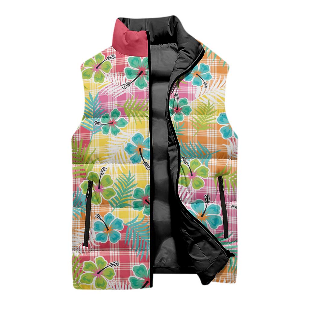 Hawaiian Palaka Sleeveless Puffer Jacket Hibiscus Palm Leaf Pattern LT9 - Polynesian Pride