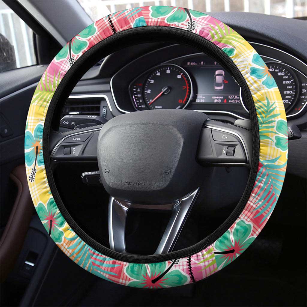 Hawaiian Palaka Steering Wheel Cover Hibiscus Palm Leaf Pattern - Polynesian Pride