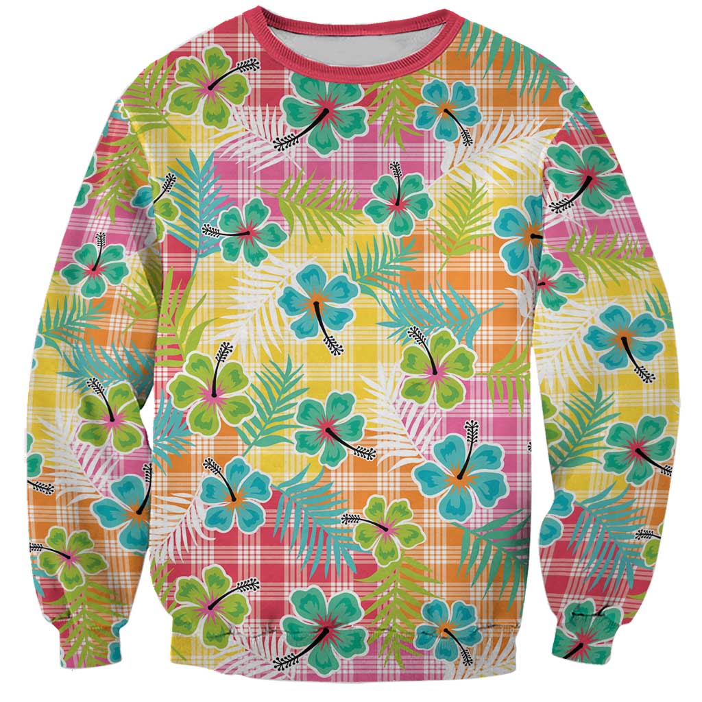 Hawaiian Palaka Sweatshirt Hibiscus Palm Leaf Pattern LT9 Unisex Yellow - Polynesian Pride