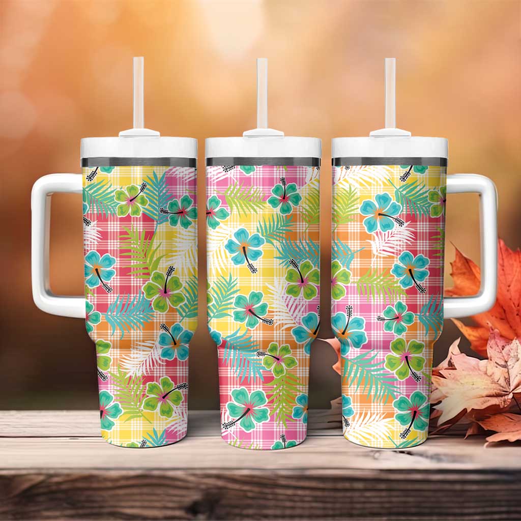 Hawaiian Palaka Tumbler With Handle Hibiscus Palm Leaf Pattern - Polynesian Pride