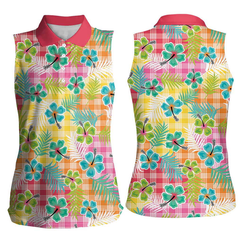Hawaiian Palaka Women Sleeveless Polo Shirt Hibiscus Palm Leaf Pattern - Polynesian Pride