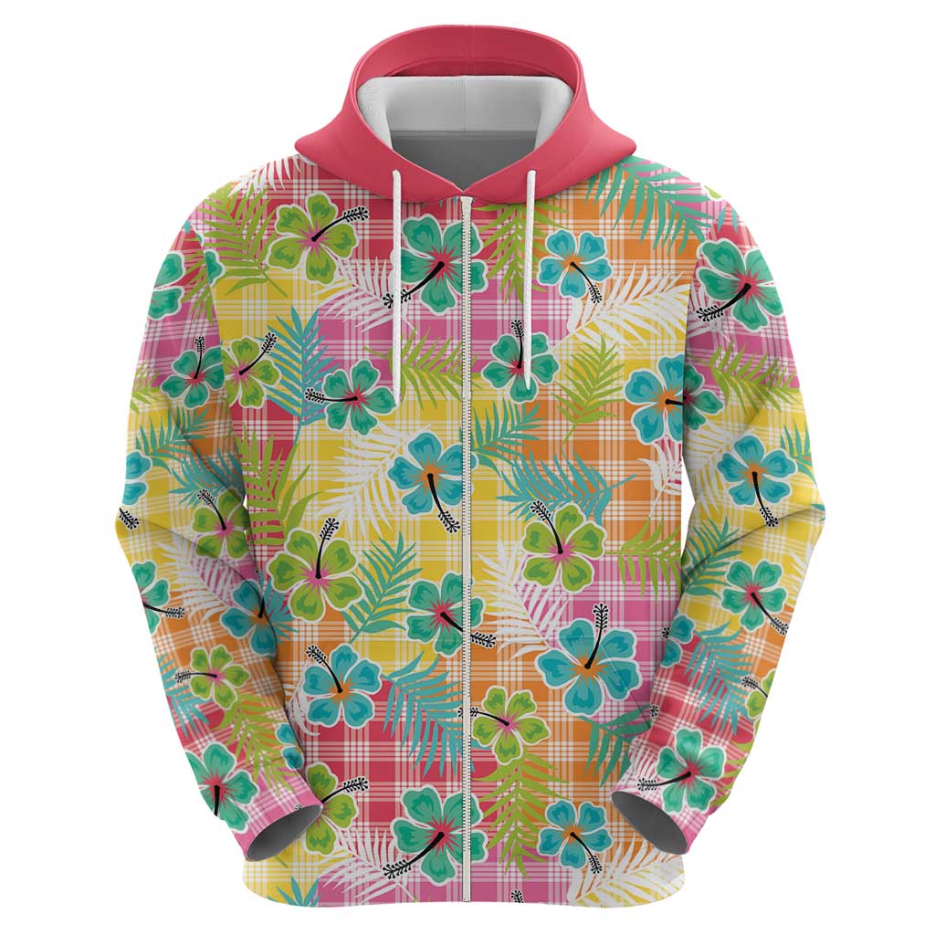 Hawaiian Palaka Zip Hoodie Hibiscus Palm Leaf Pattern - Polynesian Pride