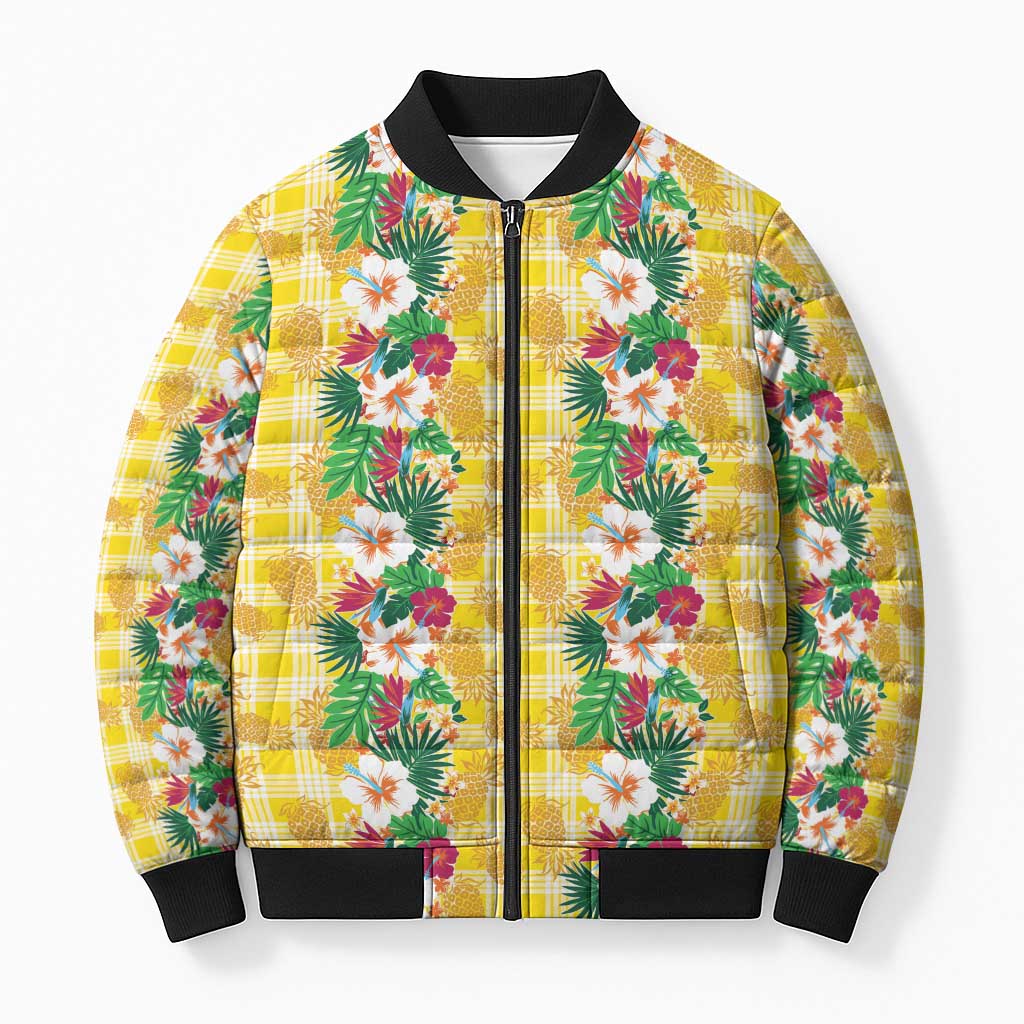 Hawaiian Palaka Bomber Puffer Jacket Hibiscus Pineapple Lei LT9 Unisex Yellow - Polynesian Pride