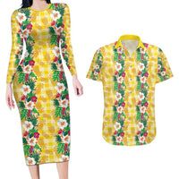 Hawaiian Palaka Couples Matching Long Sleeve Bodycon Dress and Hawaiian Shirt Hibiscus Pineapple Lei - Polynesian Pride