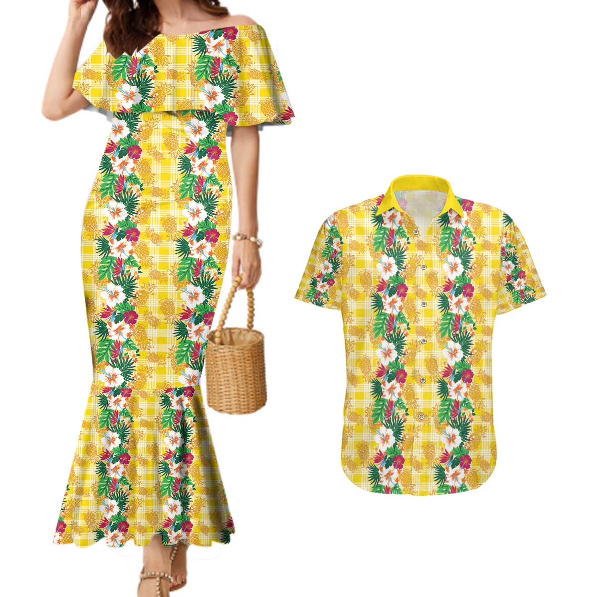 Hawaiian Palaka Couples Matching Mermaid Dress and Hawaiian Shirt Hibiscus Pineapple Lei - Polynesian Pride