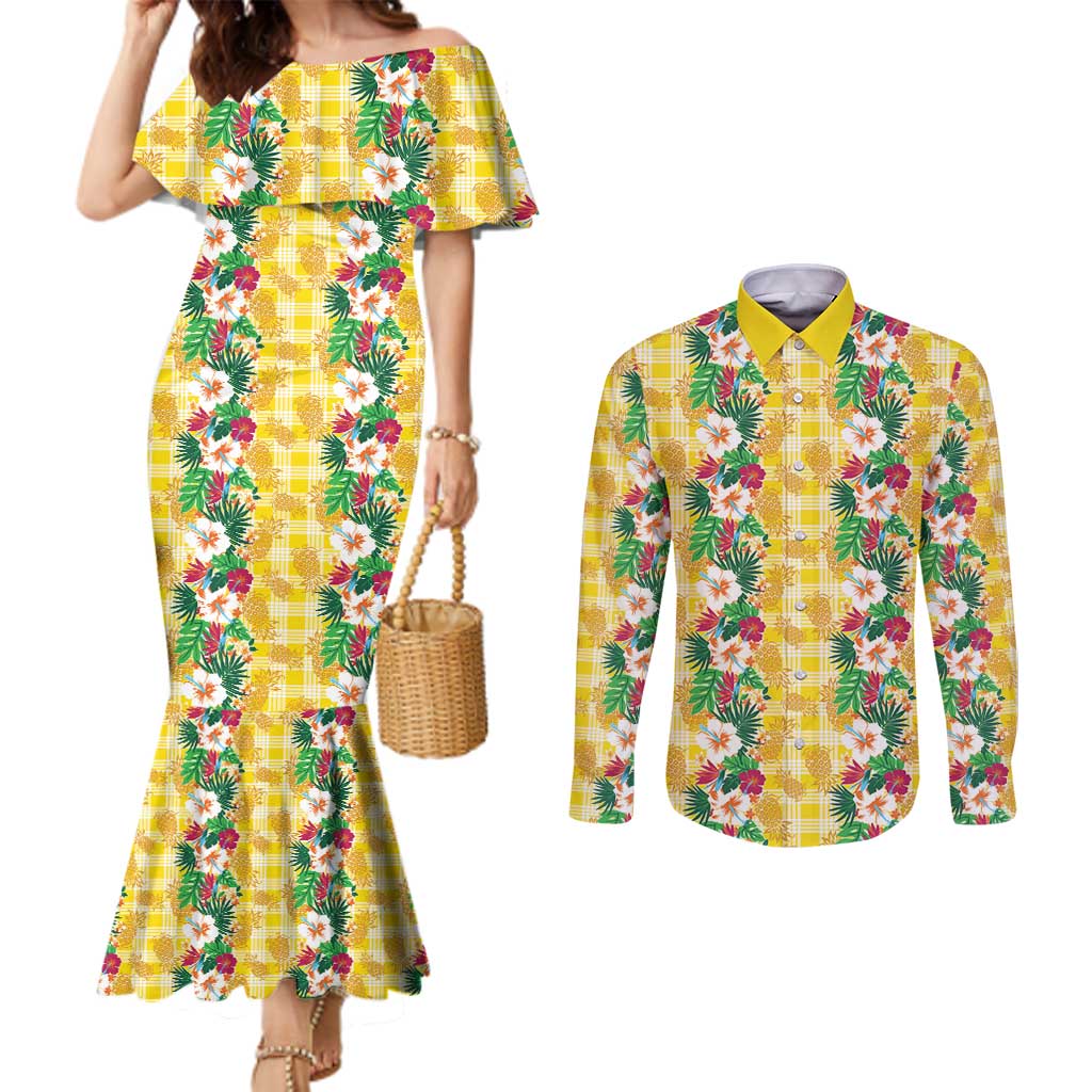 Hawaiian Palaka Couples Matching Mermaid Dress and Long Sleeve Button Shirt Hibiscus Pineapple Lei - Polynesian Pride