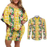 Hawaiian Palaka Couples Matching Off Shoulder Short Dress and Long Sleeve Button Shirt Hibiscus Pineapple Lei - Polynesian Pride