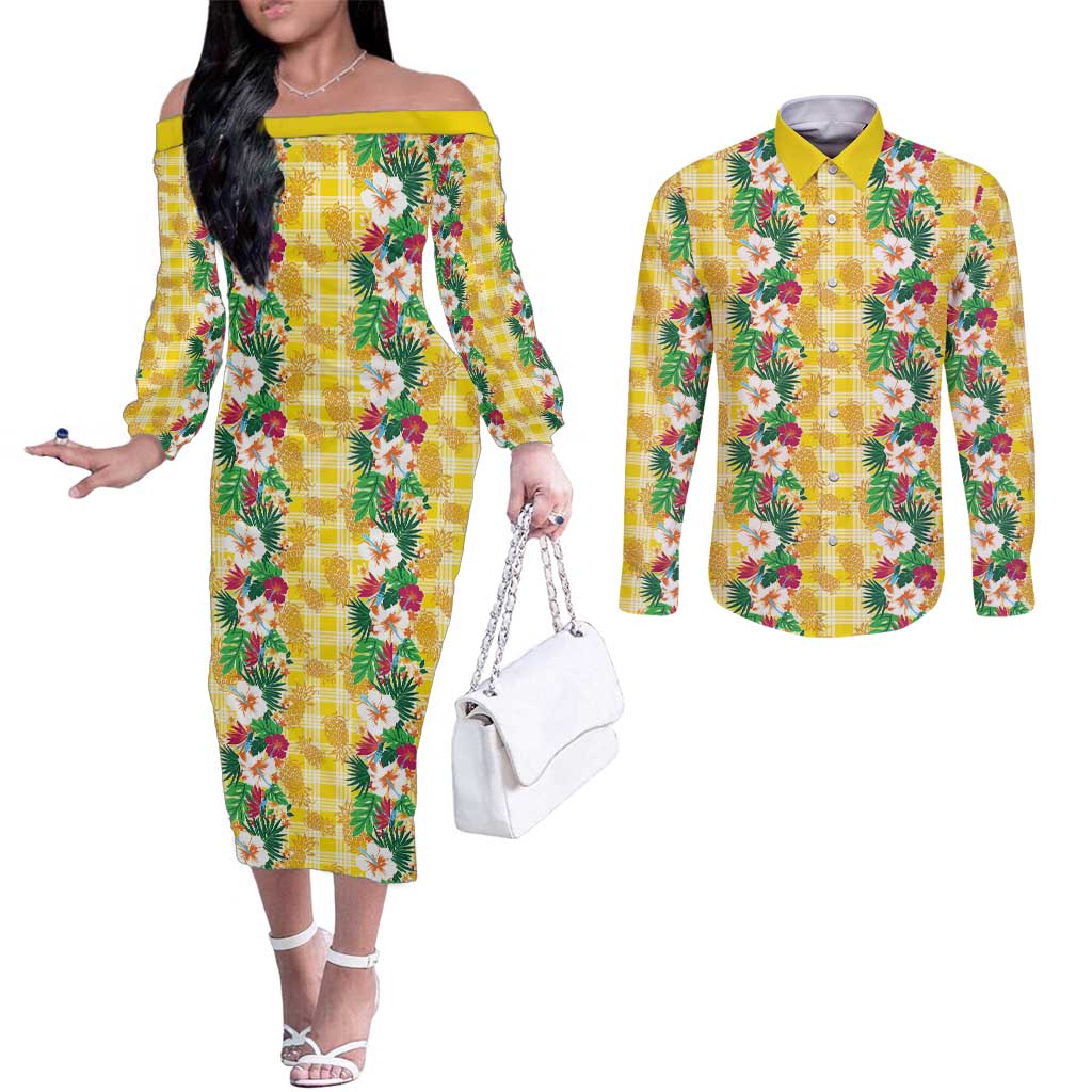 Hawaiian Palaka Couples Matching Off The Shoulder Long Sleeve Dress and Long Sleeve Button Shirt Hibiscus Pineapple Lei - Polynesian Pride