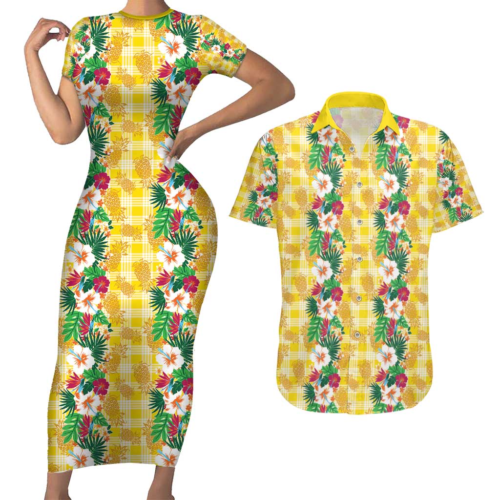 Hawaiian Palaka Couples Matching Short Sleeve Bodycon Dress and Hawaiian Shirt Hibiscus Pineapple Lei - Polynesian Pride