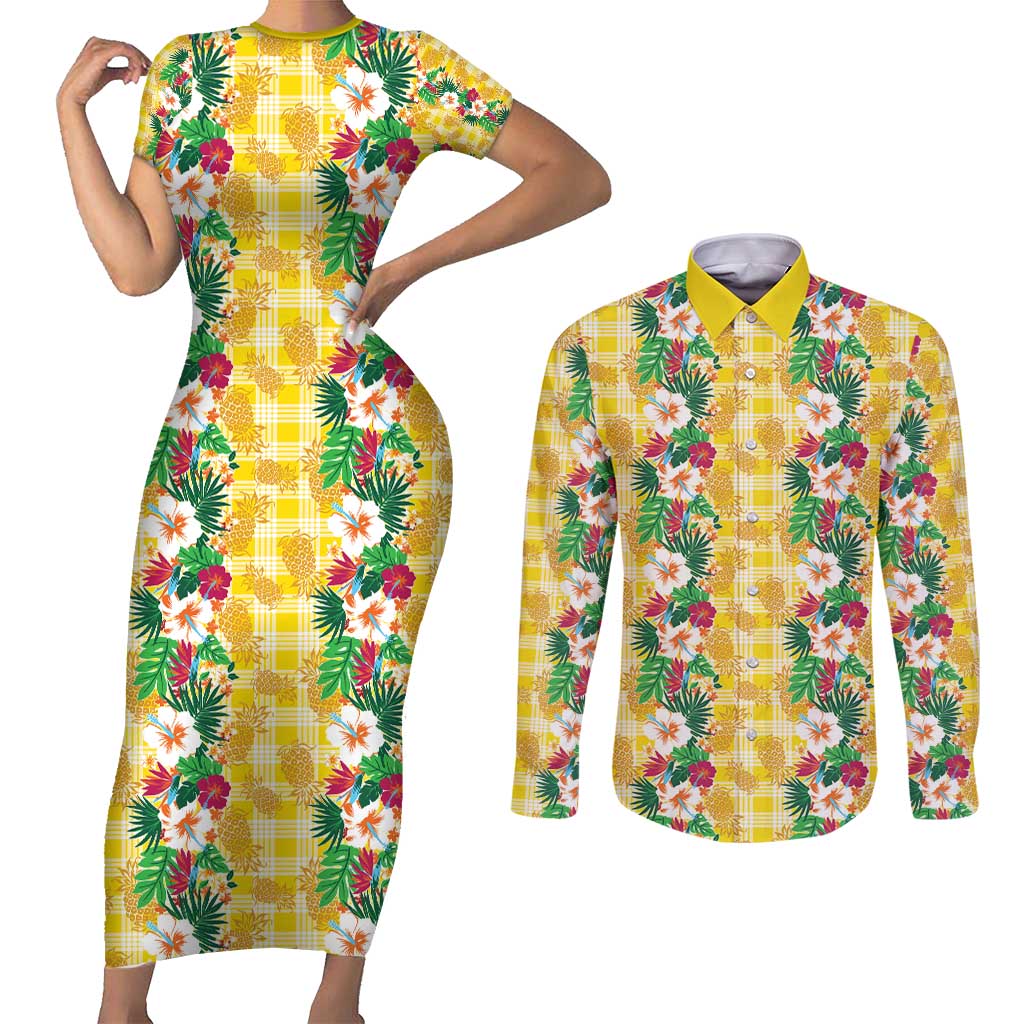 Hawaiian Palaka Couples Matching Short Sleeve Bodycon Dress and Long Sleeve Button Shirt Hibiscus Pineapple Lei - Polynesian Pride