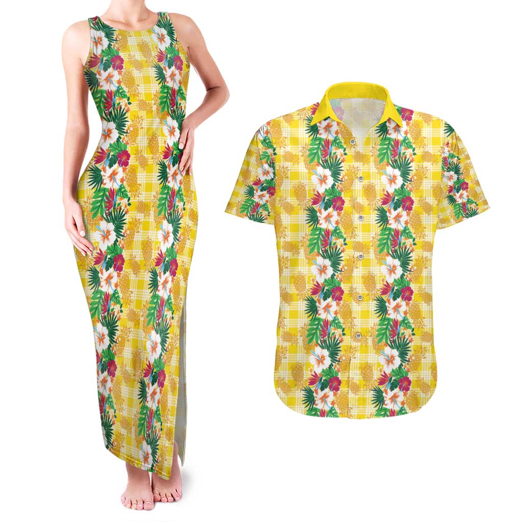 Hawaiian Palaka Couples Matching Tank Maxi Dress and Hawaiian Shirt Hibiscus Pineapple Lei - Polynesian Pride