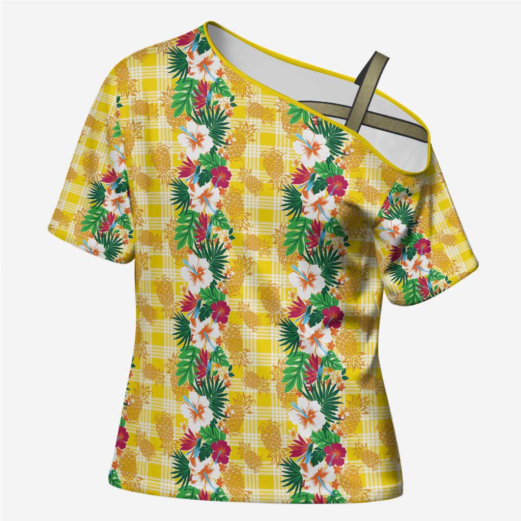 Hawaiian Palaka Cross Shoulder Shirt Hibiscus Pineapple Lei LT9 Female Yellow - Polynesian Pride