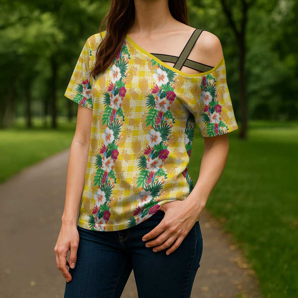 Hawaiian Palaka Cross Shoulder Shirt Hibiscus Pineapple Lei LT9 - Polynesian Pride